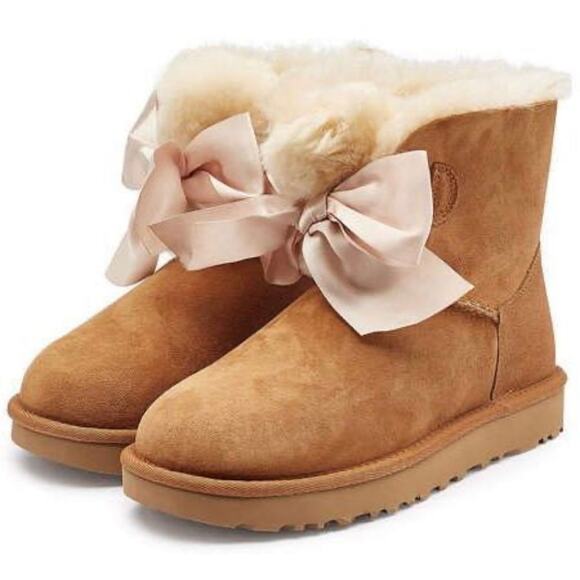 UGG Authentic Gita Bow Short Chesnut Suede Shearling Boots Womens Sz 10 - Picture 1 of 10